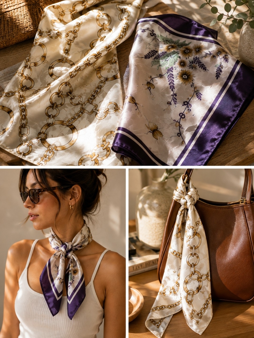 Silk-Feel Floral & Chain Print Neck Scarf - Cream & Purple